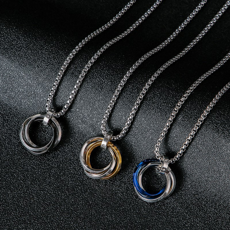 Hip Hop Stainless Steel 3 Circle Rings Pendent Necklace for Men Women Cool Real Gold Plated Black Silver Men Fashion Necklaces Wholesale Fashion Jewel