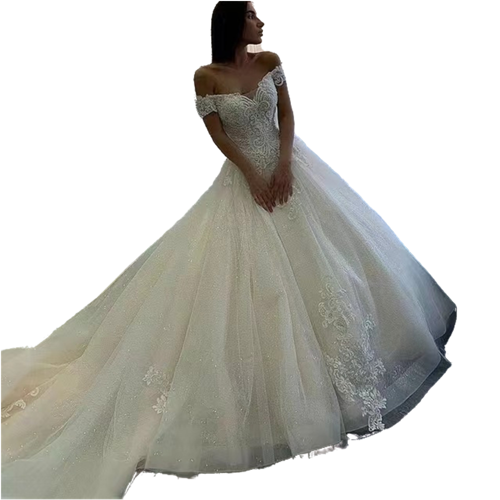 2022 Luxury Beads Ball Gown Wedding Dresses Chapel Train Corset White Ivory Tulle Princess Wedding Gowns Lace Appliqued Off Shoulder Church Bride Dres