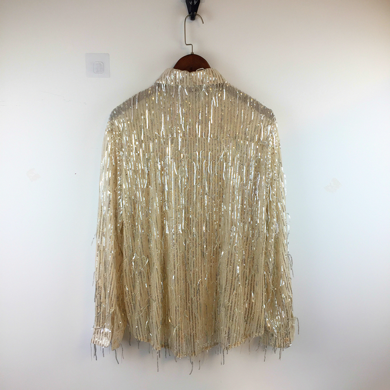 Gold Black Sequins Perspective Tassel Loose Long Sleeve Shirt Men's Singer Dancer Performance See Through Fringe Shirts