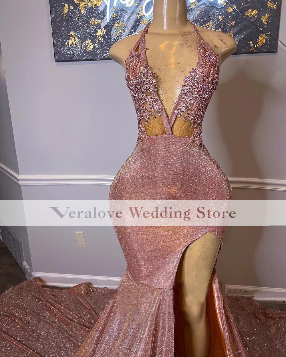 Pink Sparkly Sequins Prom Dresses Sexy Celebrity Met Gala Dress 2022 Slit Evening Party Gowns Real Images