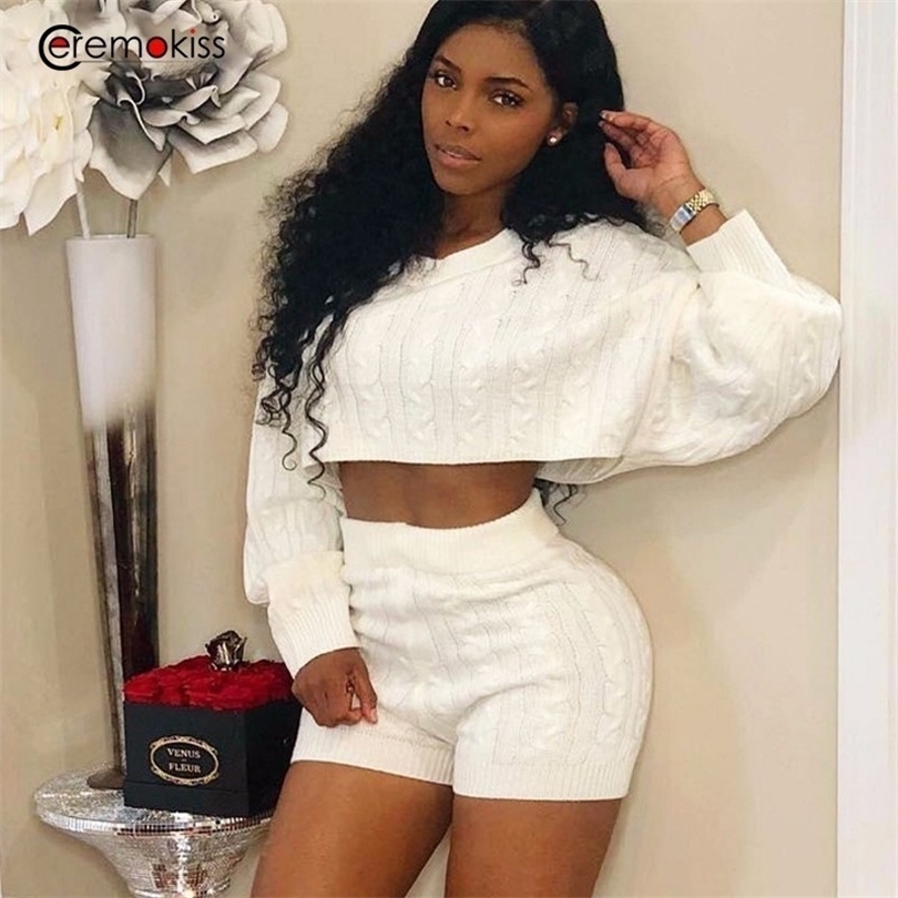 Ceremokiss Sweater Two Piece Set Knitted Winter Sexy 2 Piece Set Women Long Sleeve Crop Tops And Shorts Suit Outfits Tracksuit T200325