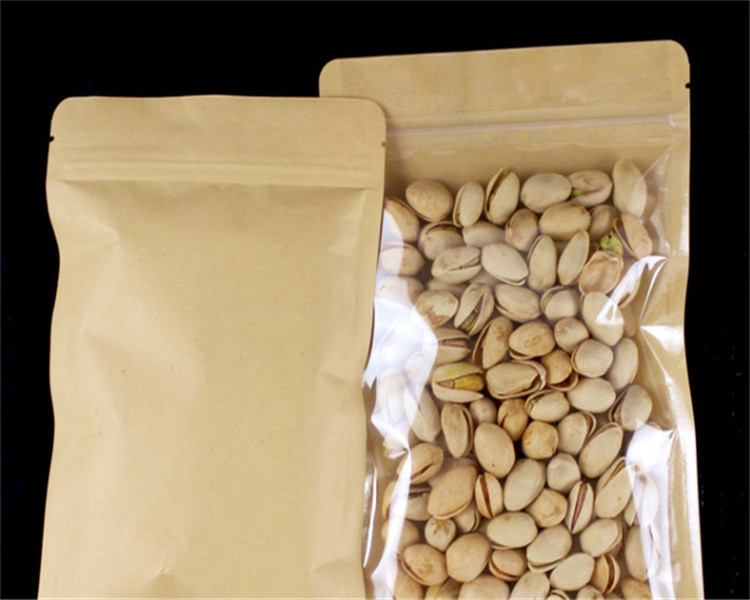 100pcs Clear Front Flat Bottom Kraft Paper Packaging Bags One Side Clear Coffee Beans Dried Fruit Bakery Snack Candy Wedding X-mas Gifts Resealable Zi