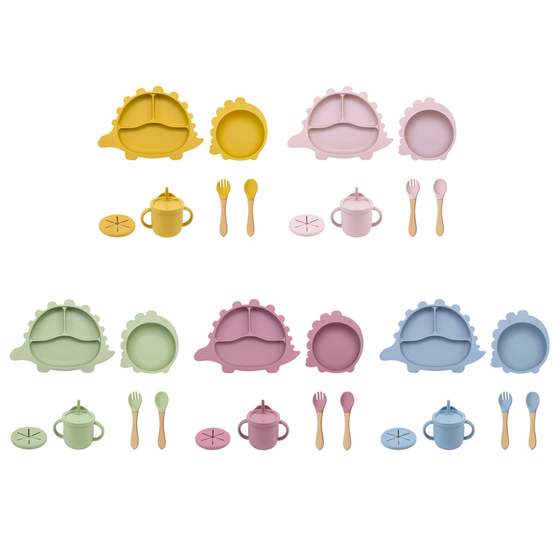 Cartoon Dinosaur Dinner Plate Children's Feeding Set 6piece Suction Cup Bowl Snack Cup Drinking Cup Food Grade Silicone Material 220512