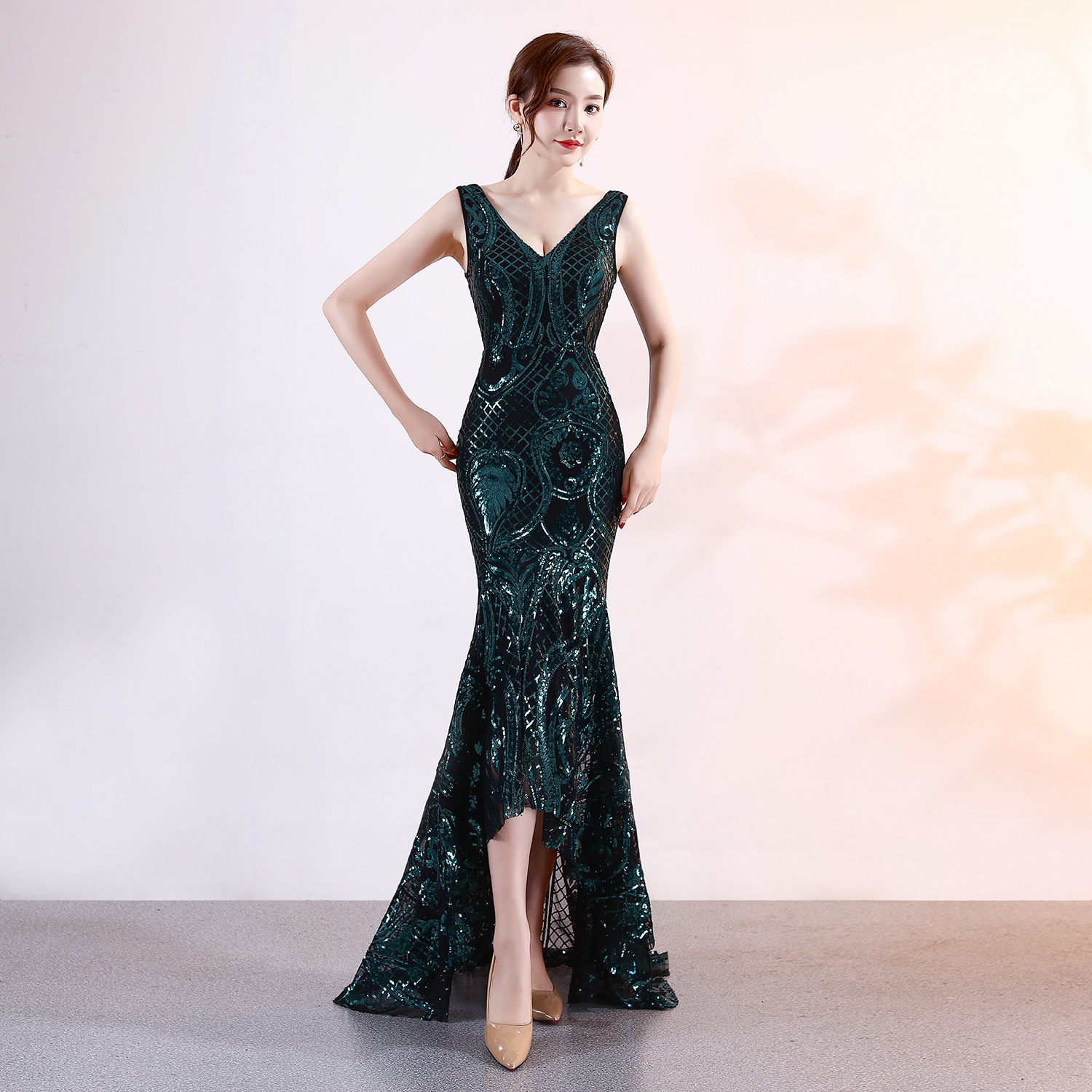 Luxury Mermaid Sequin Evening Dress 2022 V Neck Green White Formal Party Dresses Chic Dinner Prom Gowns Women Vestidos De Noche Robes Soiree Abendklei