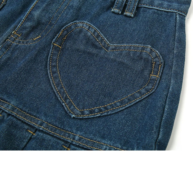 High Waist Y2k Pleated Denim Skirt Women Casual Love Graphic Pocket Blue Washed Mini Summer Streetwear E-girl Outfits 220322