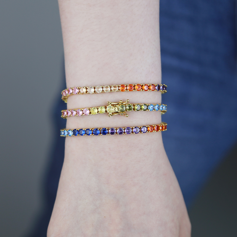 4MM 5A Cubic Zirconia Rainbow CZ Tennis Chain Bracelet Gold Plated Colorful Summer Women Girl Trendy Jewelry