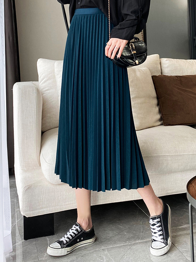 TIGENA Elegant Pleated Long Skirt for Women Autumn Casual Solid All-match A Line High Waist Mid-length Female Green 220317