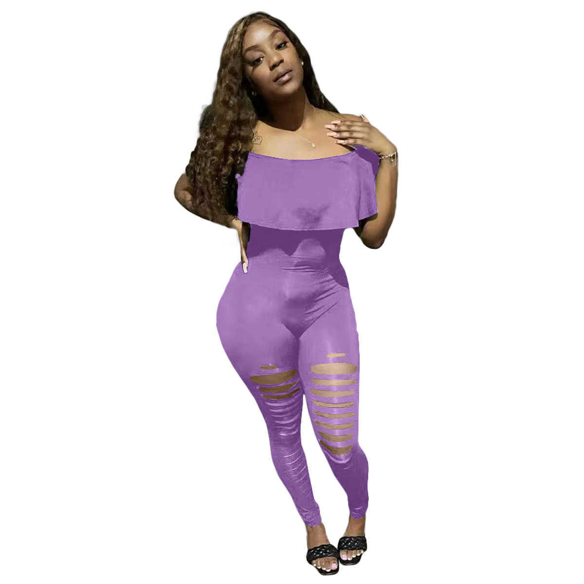 Designer Women Clothes 2023 off shoulder lotus leaf burnt flower hole slim fit one-piece pants Fashion Recommend