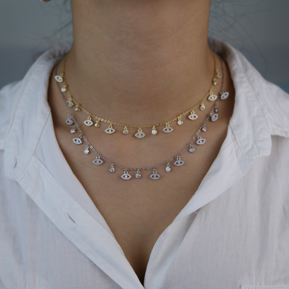 Gold Silver round cz small cute evil eye tassel charm choker necklace 35+10cm multi charms chokers necklaces jewelry