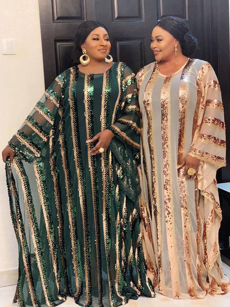 Dashiki Striped Abaya 2 Pieces Set Robe Long Muslim Dress Ethnic Clothing Plus Size African Dresses For Women Sequins Patchwork Africa Cloth