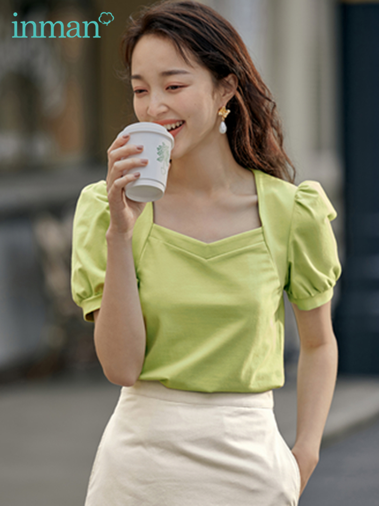INMAN Womens Tshirt Elegant Fashion Woman Blouses Square Collar Clothes Short Puff Sleeve Pure Color Top Women 220527
