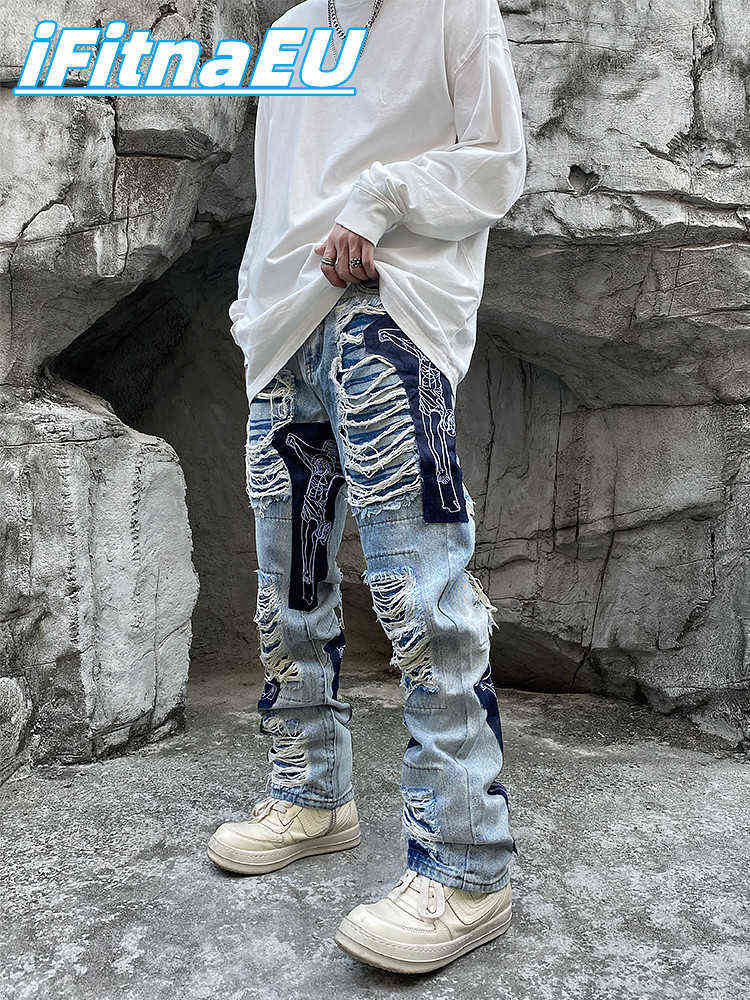 Ripped Jeans Baggy Men Print Harajuku Pants Slim Trendyol Men's Fashion Hip Hop Trousers Y2k Man Grunge Streetwear Stacked X220714