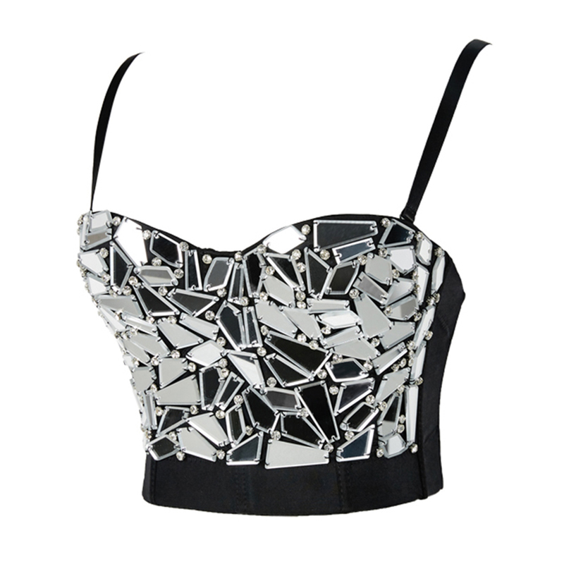 Women Summer Sexy Rave Outfit Corset with s Silver Sequin Glitter Crop Top Strass Goth Festival Clothing Drop 220325