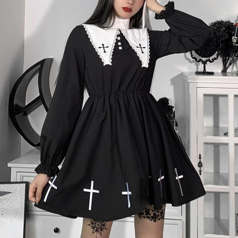 Casual Dresses Women Dark Gothic Lolita Puff Long Sleeve A-Line Dress Harajuku Vintage Cross Pattern Lace Collar Pleated Streetwear, Bk
Casual Dresses Women Dark Gothic Lolita Puff Long Sleeve A-Line Dress Harajuku Vintage Cross Pattern Lace Collar Pleated Streetwear, Bk