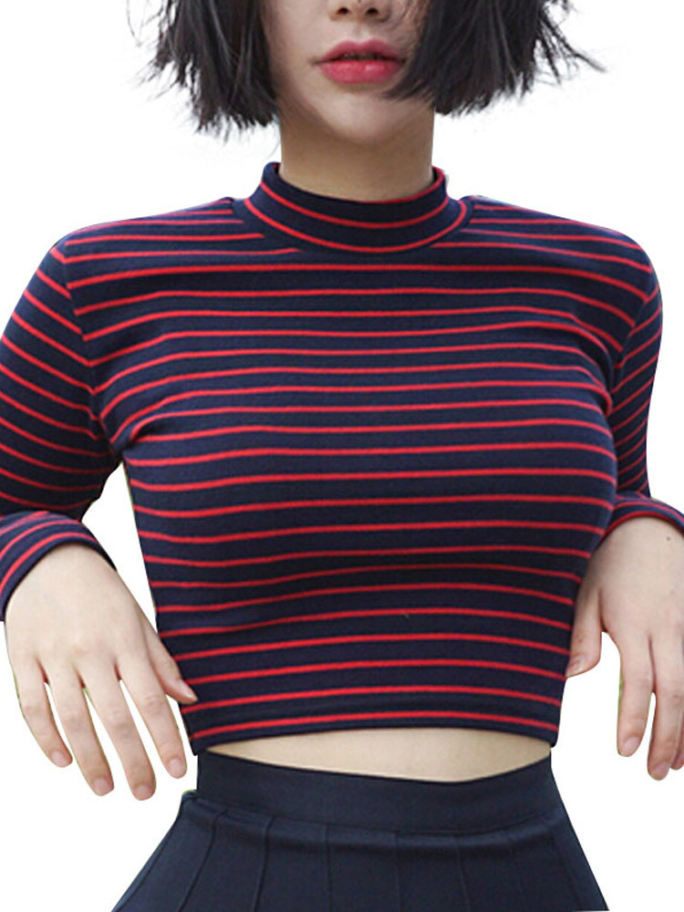 Crop Tops Women Chic All match Classic Stripe Slim Short Bustier Top Turtleneck Long Sleeved T shirt Sexy Shirts Tee 220714