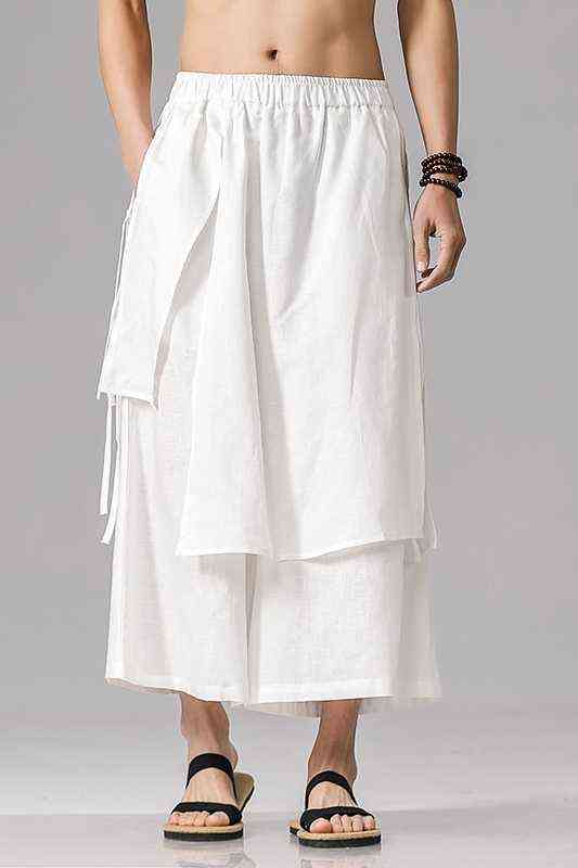 2022 Men Solid Color Irregular Pants Mens Elastic Waist Loose Hanfu Skirt Trousers Male Streetwear Harajuku Wide Leg Pants L220706