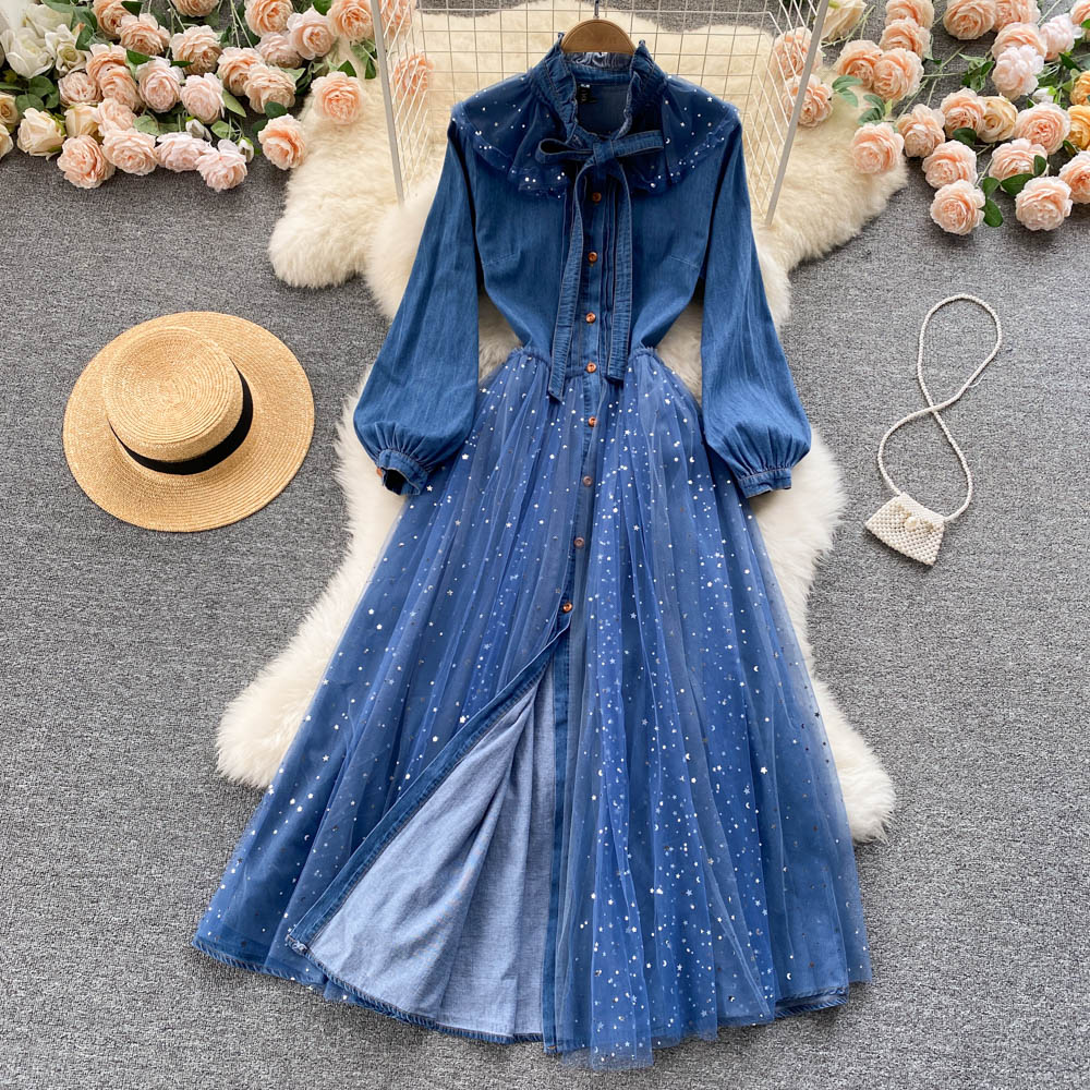 New Spring Autumn Gauze Patchwork Denim Casual Dresses Women Elegant Stand Collar Single Breasted Shirts Dress Lady A-line Dress 2022, Same as picture
New Spring Autumn Gauze Patchwork Denim Casual Dresses Women Elegant Stand Collar Single Breasted Shirts Dress Lady A-line Dress 2022, Same as picture