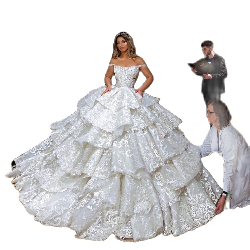 Modern Arabic Dubai Ball Gown Wedding Dresses Tiered Skirts Off Shoulder Lace Bridal Gowns Sweep Train Vestidos De Gala 0505