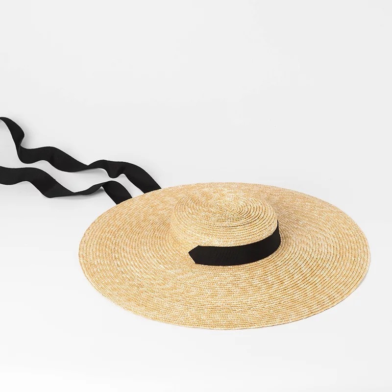 Summer Big Natural Wheat Straw Hats For Women Handmad Wide Brim Beach Visor Caps Elegant Flat Top Long Ribbon Lace-Up Sun Hat 220427