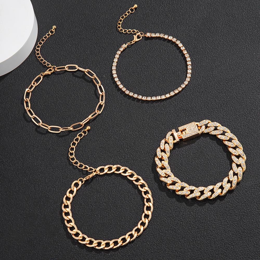 4pcs/set Luxury Bling Diamond Link Bracelet Set Tennis Cuban Bangle Bracelets for Women and Men Adjustable Clear Crystal Chunky Charms Wristband Hand 