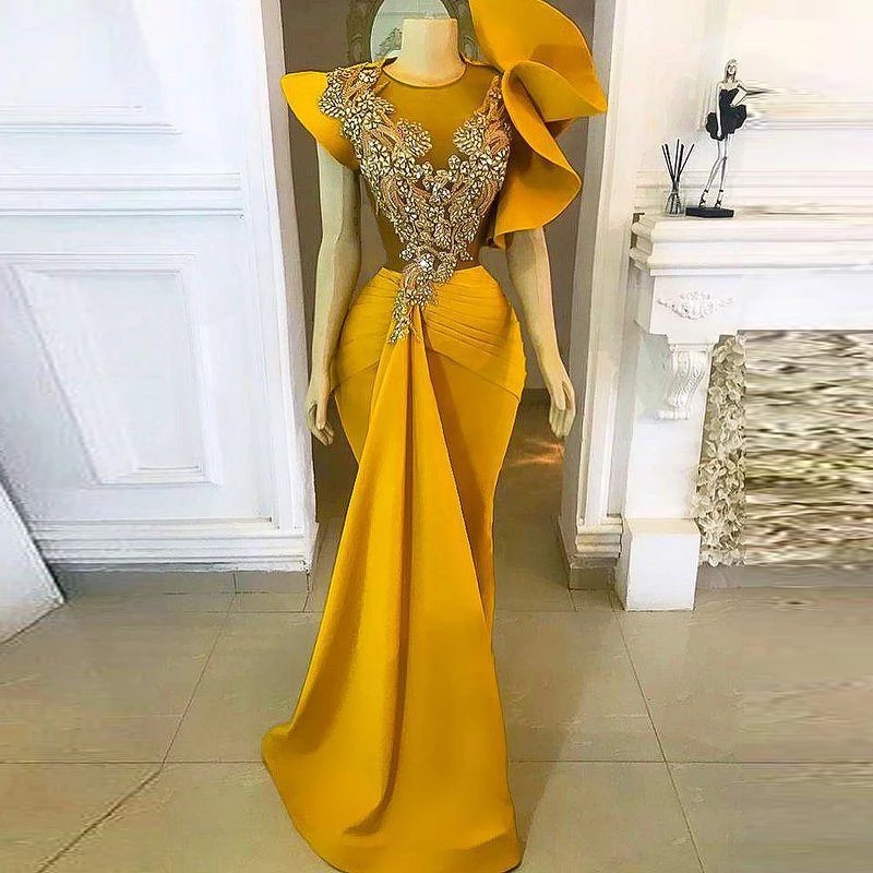 Gold African Prom Dresses With Sheer Neck Beads Crystals Appliques Mermaid Puffy Sleeves Aso Ebi Evening engagement Party Gown