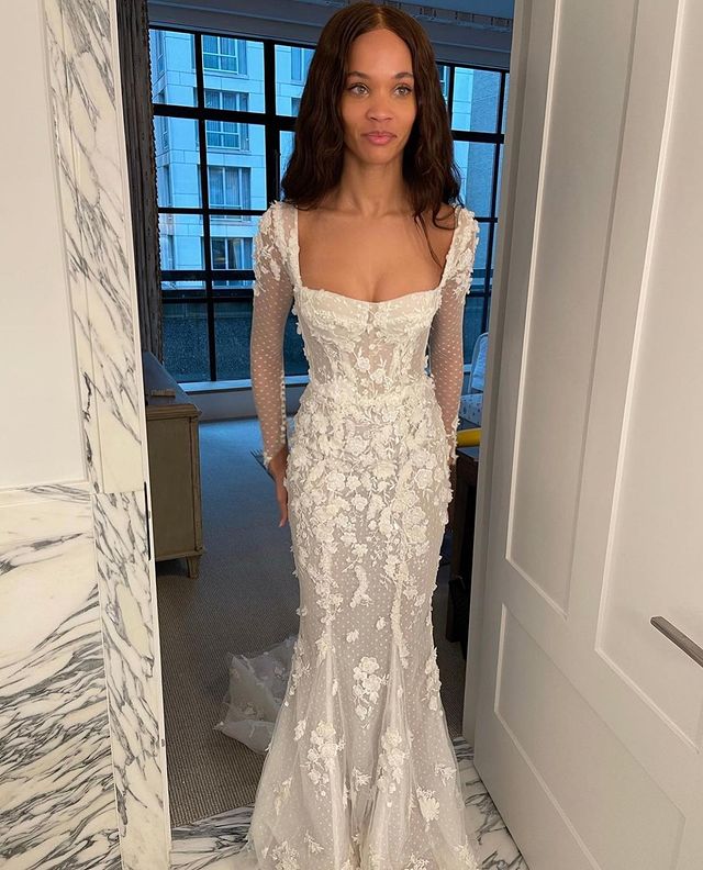 Pallas Couture Mermaid Beach Wedding Dresses with Detachable Train 2022 Square Neck Long Sleeve 3D Floral Lace Trumpet Bridal Gowns