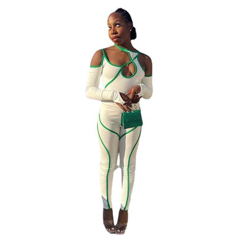 2022 women's stripe contrast color inexpensive color suspender long sleeve tight personality street fashion one-piece small leg pants