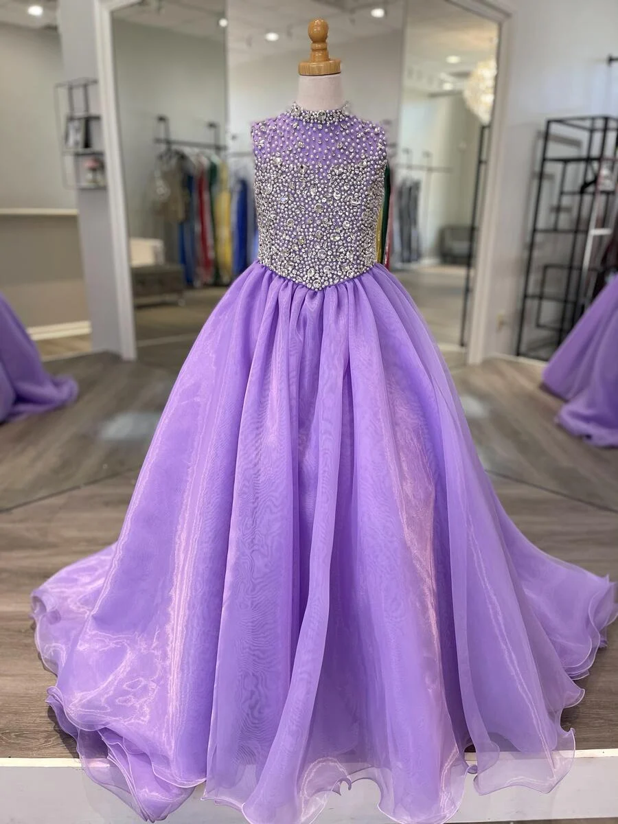 High Collar Girl Pageant Dress 2025 Ballgown Crystals Beaded Organza little Kid Birthday Formal Party Gown Toddler Teens Preteen Floor-Length Little M