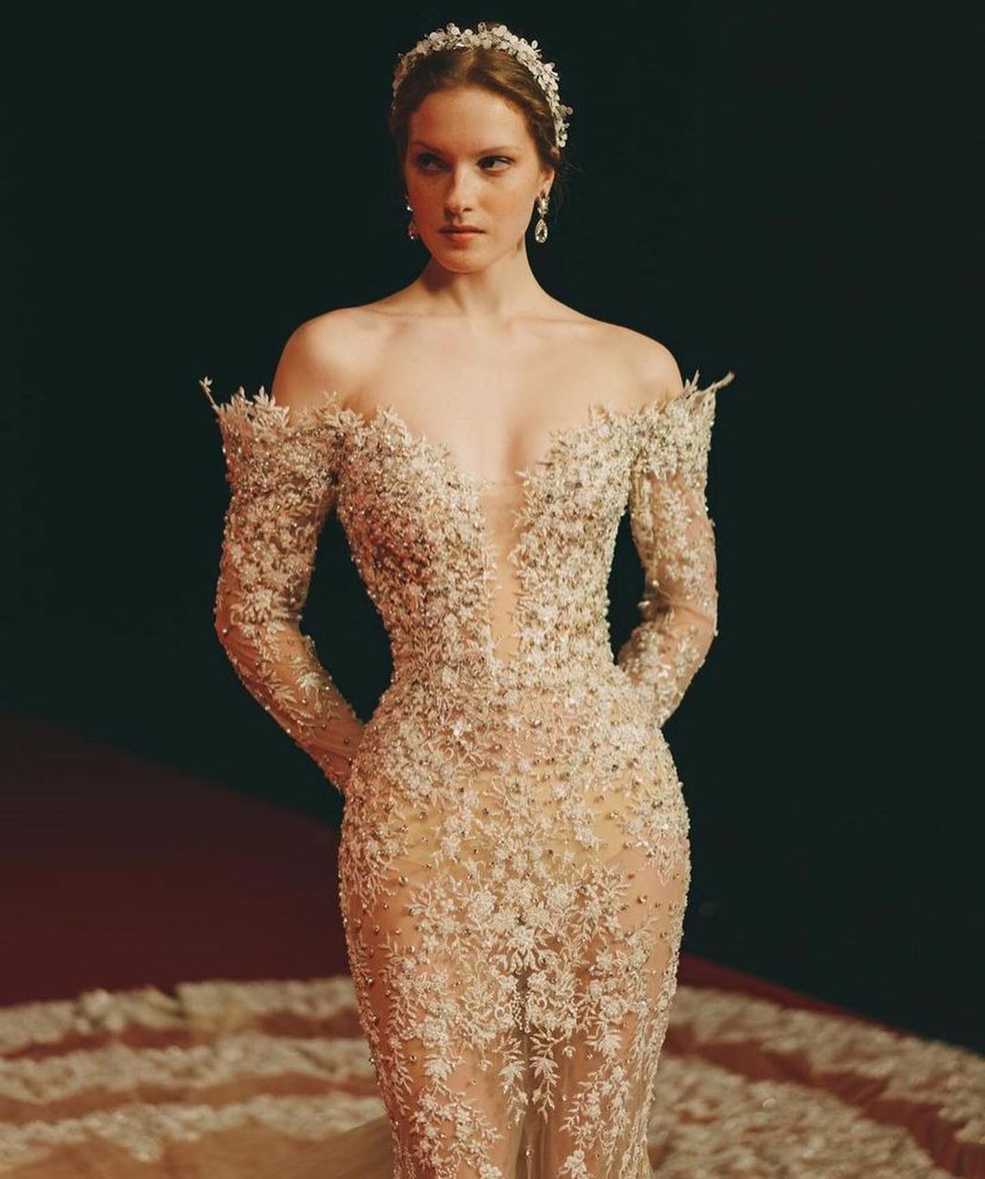 Gold Mermaid Wedding Dress With Long Sleeve Beads Applique Strapless Organza Formal Occasion Custom Made Tulle Floor-length