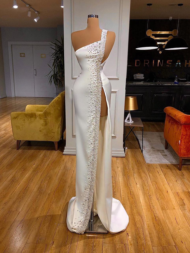 Elegant White Mermaid Prom Dress One Shoulder Hand Beaded High Split Evening Gown Party Women Robe De Soiree