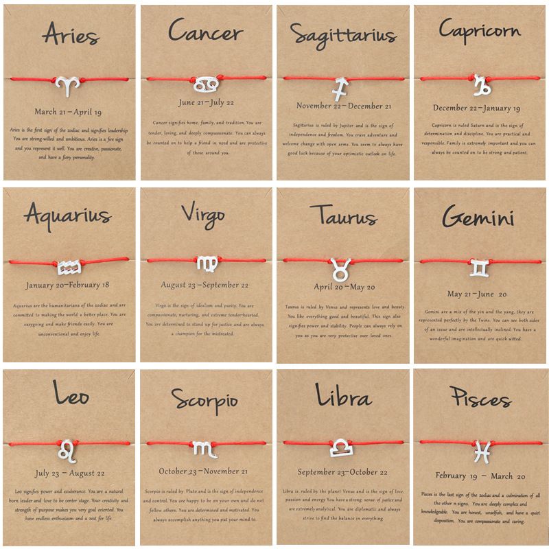 Handmade 12 Constellation Zodiac Charm Bracelet for Women Adjustable Couple Horoscope Red Rope Bracelets Lovers Lucky Hand Chain Jewelry Gift with Wis