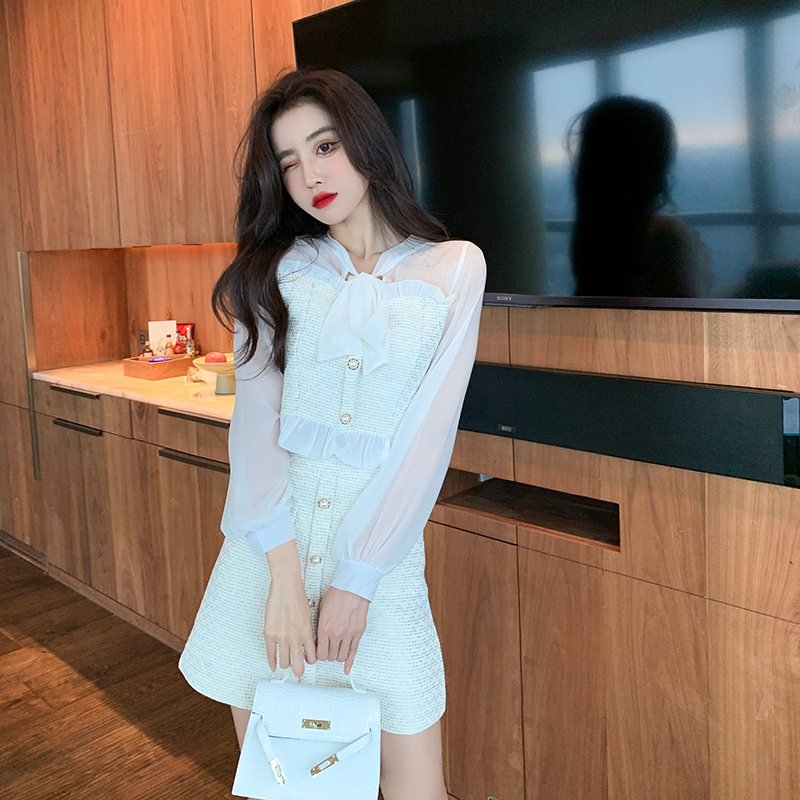 Spring summer new womens chiffon long sleeve patched tweed fabric short blouse and a-line skirt twinset dress suit SMLXL