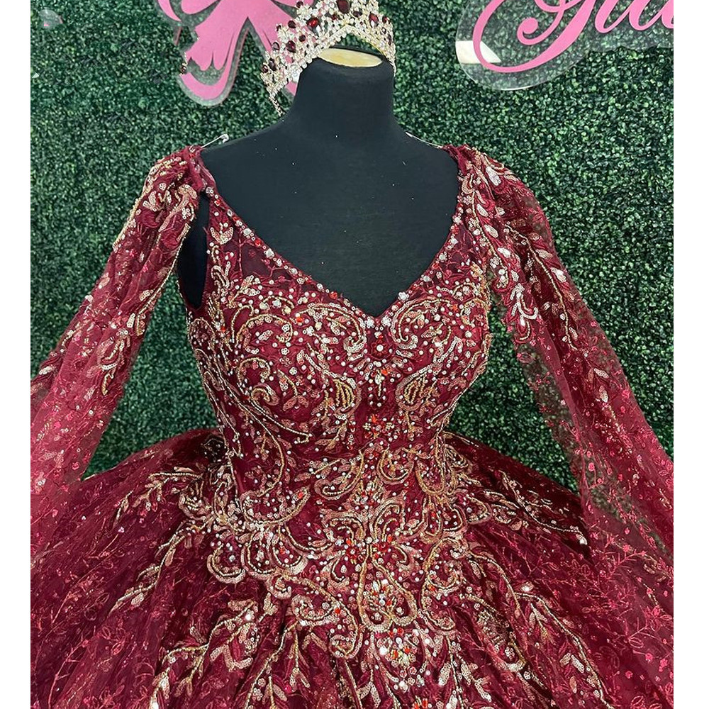 Burgundy Quinceanera Dress with cape sleeve Sweet 16 vestidos para 15 quinceanera vestidos de xv anos 2022 estidos para 15 nera