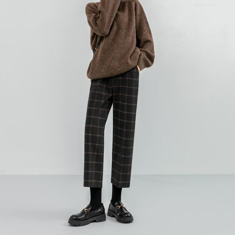 REALEFT Winter Vintage Plaid Woolen Pants Fashion High Waist Pockets Thicken Warm Ankle Length Casual Trousers Female 220325