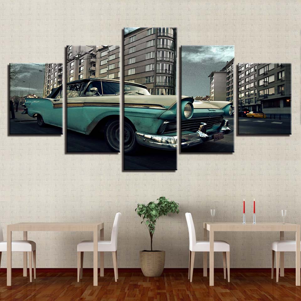 Retro green leather car on the road 5 pcs Modern Home Wall Decor Canvas Picture Art HD Print Painting On Canvas for Living Room