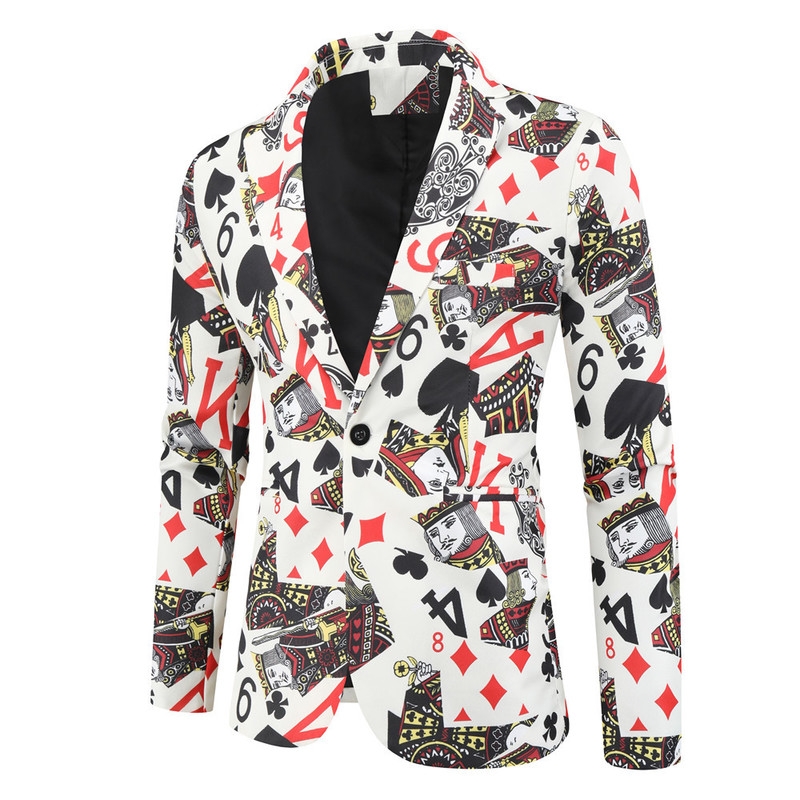 Fashion Style Mens Korean Version Poker Printed Perform Blazer Vintage Blazer for Men Casual Business Party Wedding Dress 220725