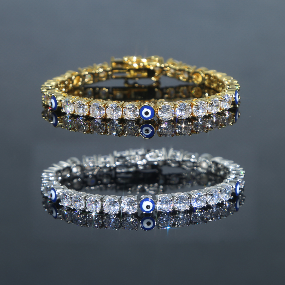 Crystal Tennis Bracelets: Iced Out Turkish Blue Evil Eye Charm for Women