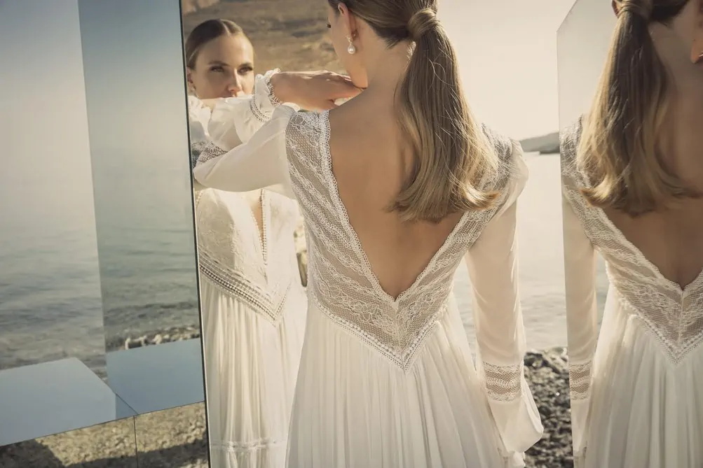 Inbar Freiman 2022 Bohemian 2022 Chiffon Wedding Dress Lace Long Sleeve V Neck Bridal Dresses A Line Wedding Gowns Vestido de Noiva