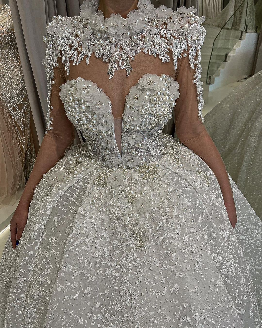 2022 Plus Size Arabic Aso Ebi Luxurious Lace Beaded Wedding Dress Sheer Neck Ball Gown Bridal Gowns Dresses ZJ202