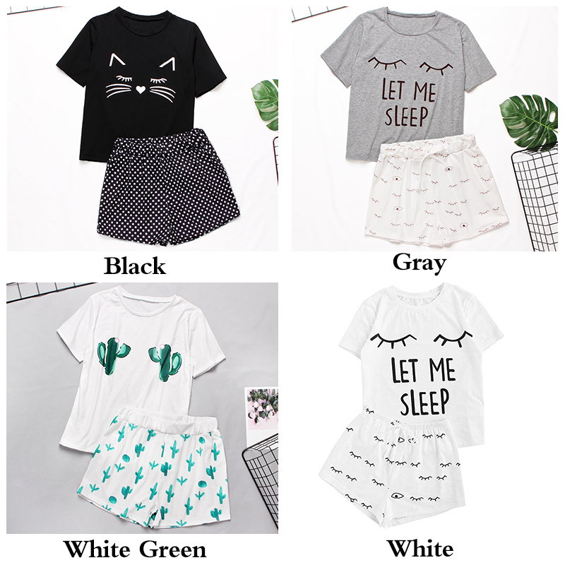 Womens Homewear Cute Cartoon Printed Pajamas Set Casual Short Sleeve T-Shirt Sleepwear Nightwear Summer Pyjama For Women 220329