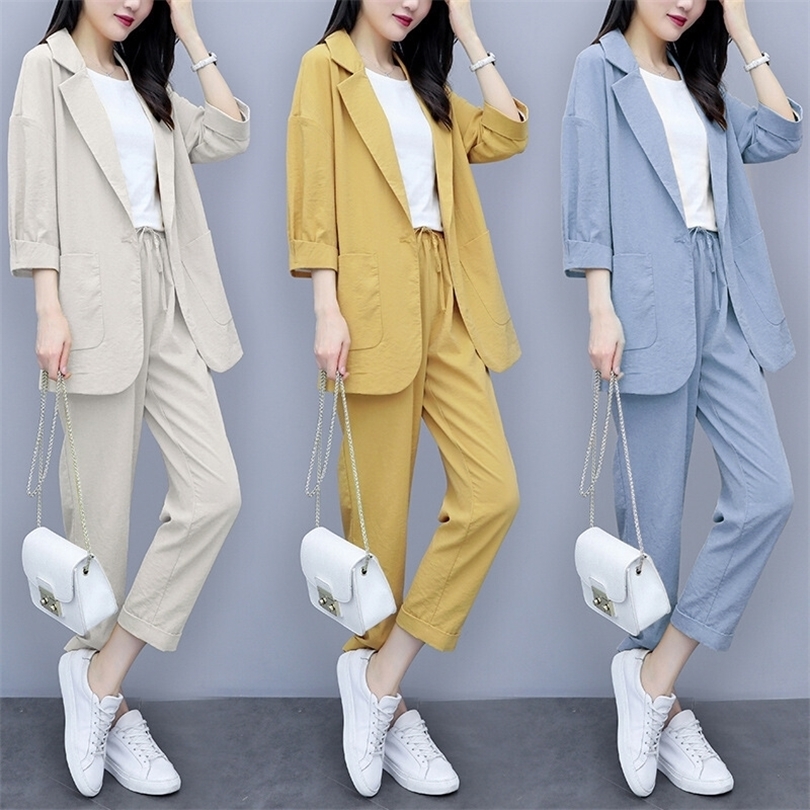 Women Autumn summer Causal 2 piece setssuit Plus Size Solid Cotton and linen Blazer Coat Harem Pants Suits T200716