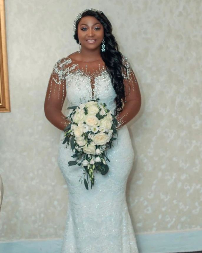 2022 Plus Size Arabic Aso Ebi Luxurious Mermaid Lace Wedding Dress Sheer Neck Long Sleeves Bridal Gowns Dress ZJ858