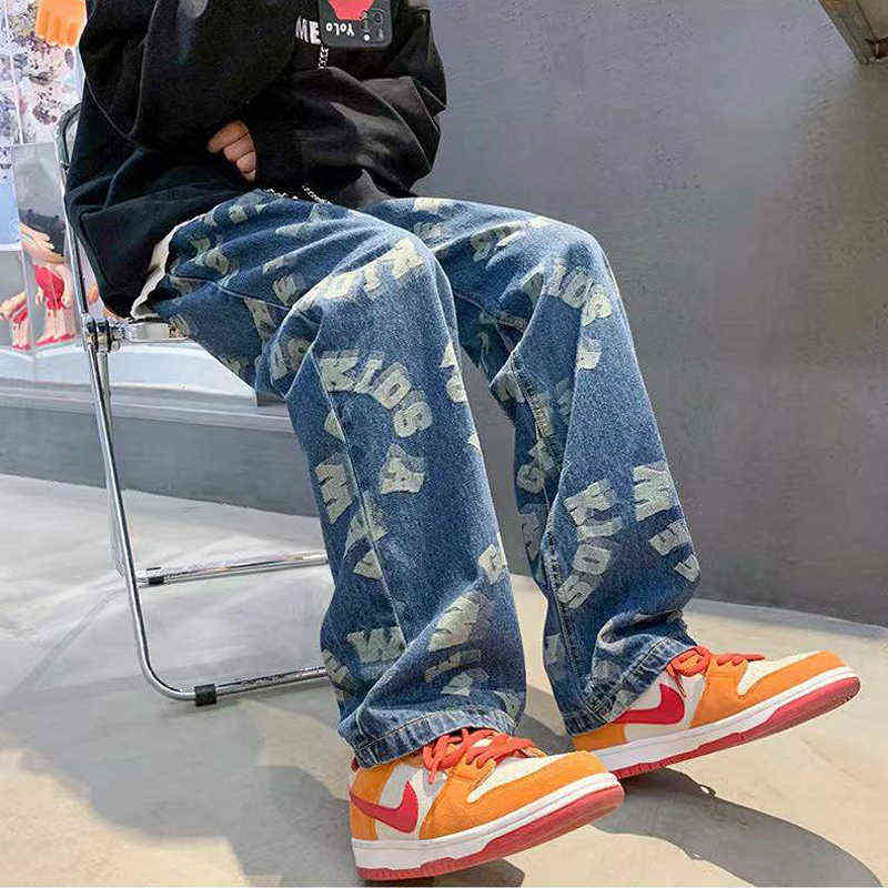 Fashion Men Wide Leg Jeans Letter print Streetwear Hip hop Straight Baggy Denim trend Pants Male Brand Trousers 2022 Autumn New G0104