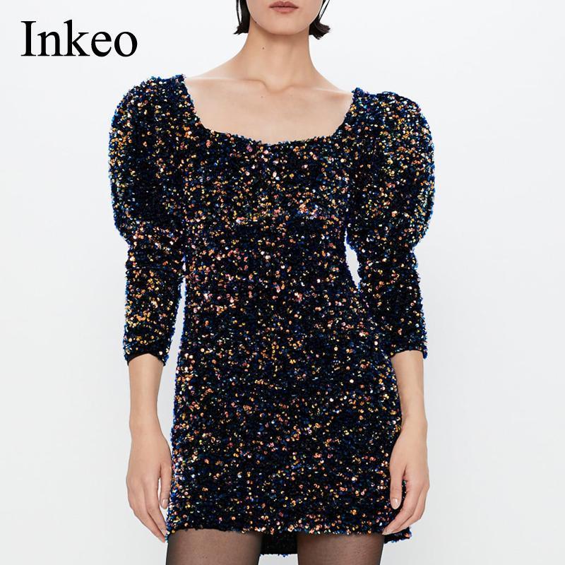 

Casual Dresses Elegant Velvet Women Bodycon Dress Spring Autumn 2022 Square Collar Puff Sleeve Sequinned Mini Club Sexy Party INKEO 9D030, As picture show