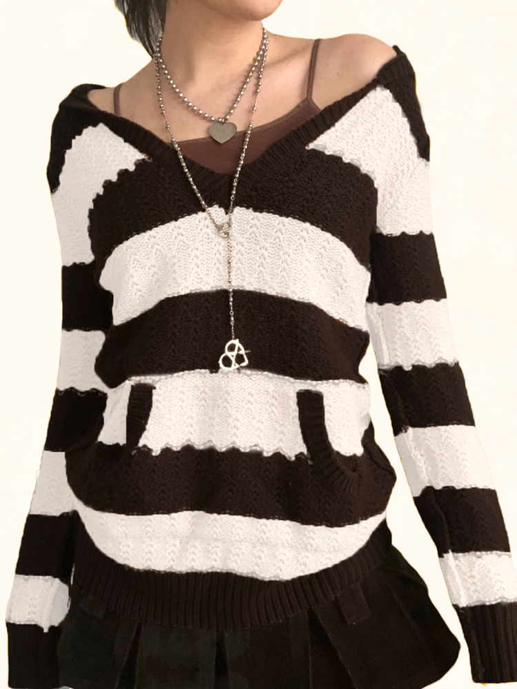 Rapcopter Prepply Kawaii Sweaters Striped Hooded Jumpers Vintage Long Sleeve Academic Knitwear Women Retro Korean Clothing Fall 220816