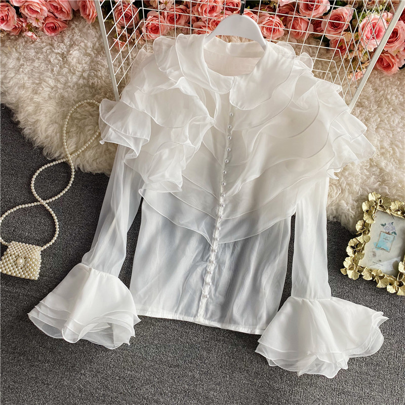 Women Shirt 2024 Spring Autumn French Palace Style Ladies Super Fairy Layered Ruffled Organza Flared Sleeve Blouses