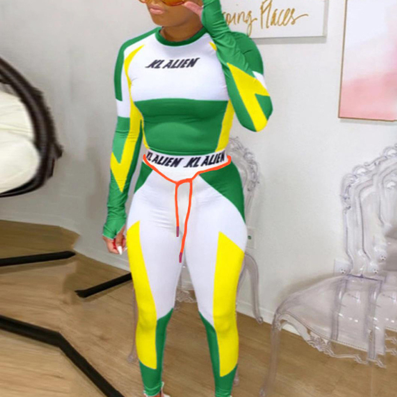 Women Long Sleeve CropTop Slim Outfit Tracksuit Two Pieces Set letter Print High elastic Skinny Leggings Female Sportswear 220315