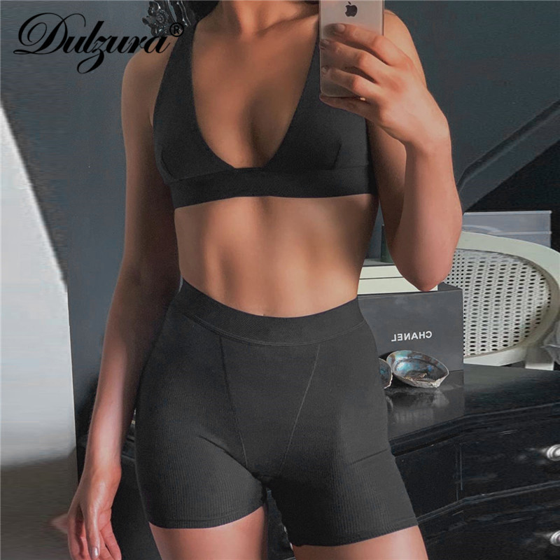 Dulzura Ribbed Patchwork Women Two Piece Set Bra Crop Top Biker Shorts Suits Bodycon Sexy Streetwear Matching Sporty Tracksuit 220602