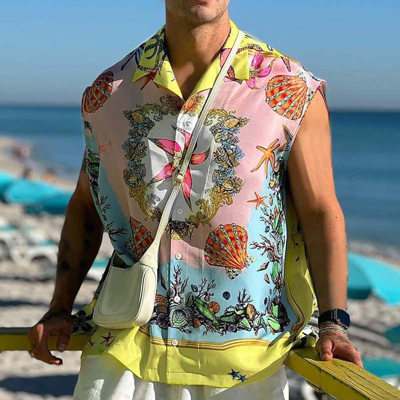 Men Hawaiian Shirts Printing Summer Lapel Sleeveless Vacation Casual Camisa Loose Breathable Streetwear Shirt 5XL