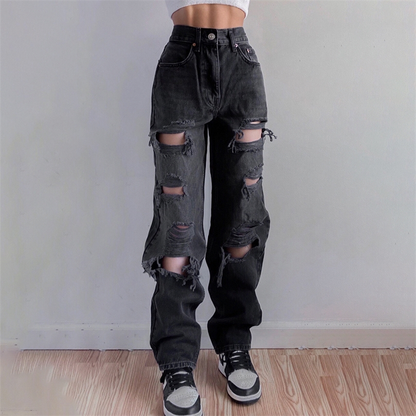 Weekeep Vintage Ripped Hole Jeans Women Baggy Cut Out High Waist Denim Pants Summer Korean Y2k Streetwear Fashion Straight Jeans 220815